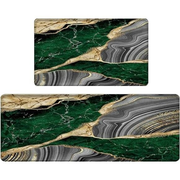 Green Marble Anti Fatigue Kitchen Mat Set Cushioned Waterproof Floor Runner - Picture 7 of 7